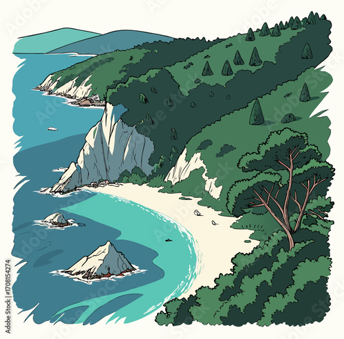 Beautiful tropical beach with turquoise water and green hills illustration