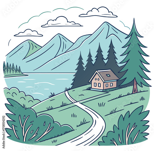 Cabin in the mountains by a lake with a path and trees landscape