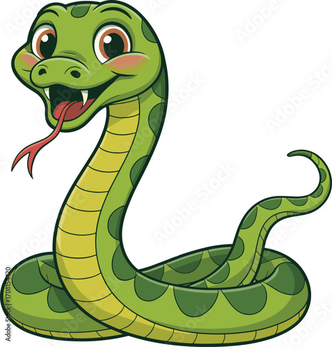 Cartoon snake illustration, cheerful reptile character, green body, forked tongue, expressive eyes, cute fangs, coiled pose, vector art, children content