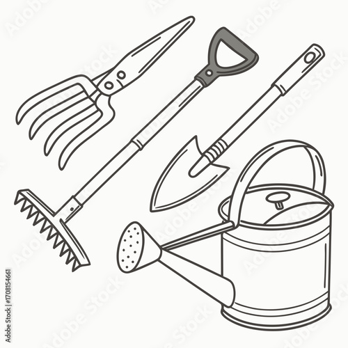 Illustration of gardening tools in black and white