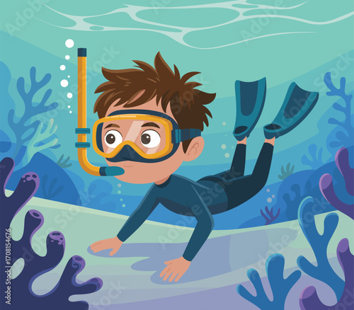Cartoon snorkeling boy, underwater adventure, coral reef illustration, scuba diving child, ocean exploration, marine life, vector art, bubbles, fins, mask
