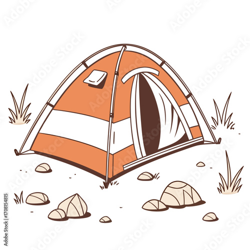 Orange camping tent with rocks and grass