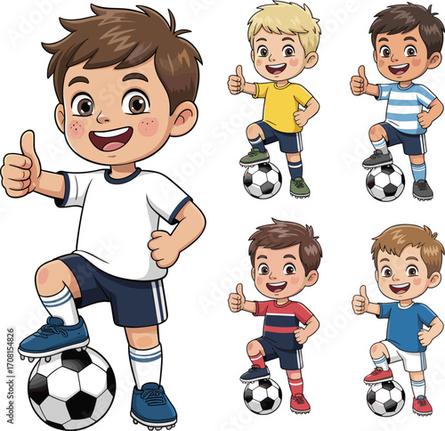 Cartoon soccer boys, vector football players, kids sports illustration, thumbs up pose, diverse uniforms, team character design, stock image artwork
