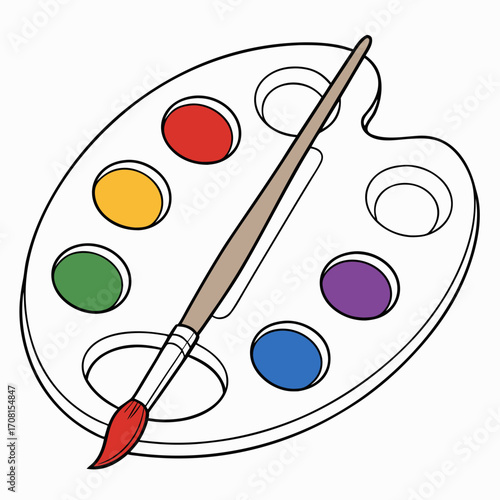 Paint palette with brush line art, art supply