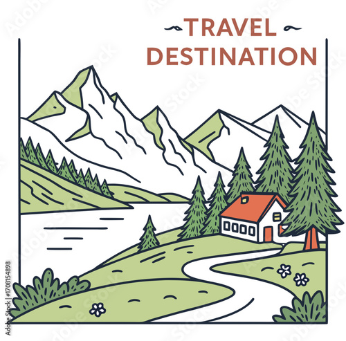 Travel destination illustration with mountain, lake, and cabin in nature