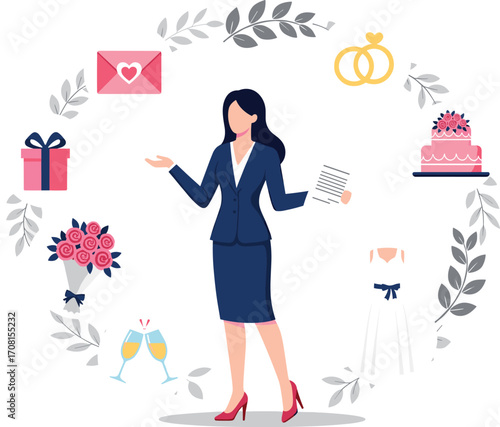 Wedding planner cartoon illustration, bridal icons, celebration elements, event coordination vector for marriage, ceremony, and festive planning content