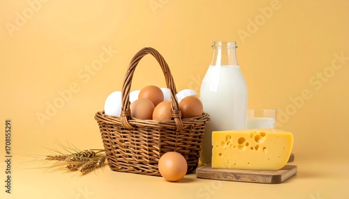 Eggs, milk, and cheese on a yellow background