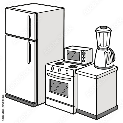 Illustration of kitchen appliances including a refrigerator and blender