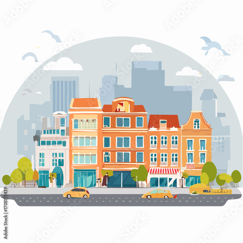 Cityscape Illustration Featuring Orange Buildings and Cars
