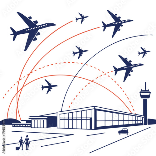 Illustration of airport with planes flying around