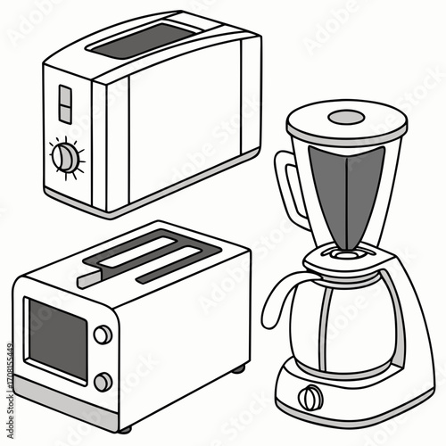 Illustration of kitchen appliances including toasters and a coffee maker