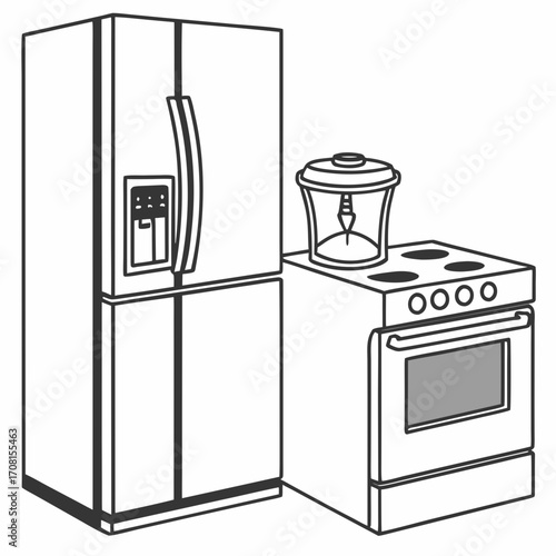 Illustration of kitchen appliances including a refrigerator and oven