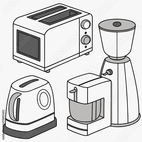 Set of kitchen appliances in line drawing style