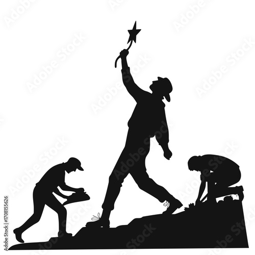 Silhouette of a man holding a star with workers