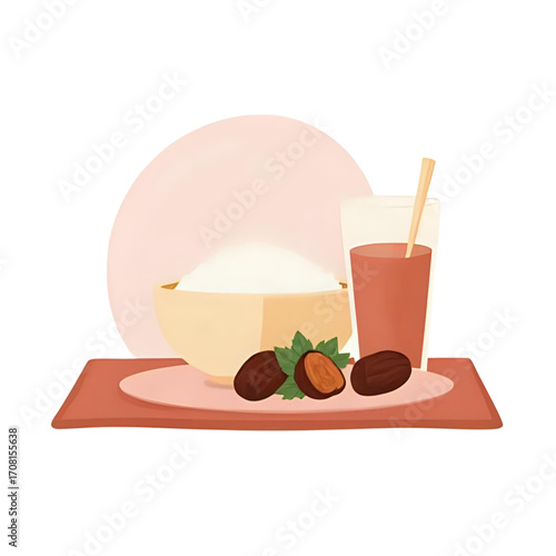 A bowl of rice, a glass of brown liquid with a straw, and dates with mint leaves on a tray.