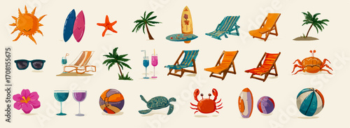 Abstract beach elements, such as surfboards and sun loungers, in various shades of orange, blue, green, purple, yellow, brown, red, white, gray, pink, and black 