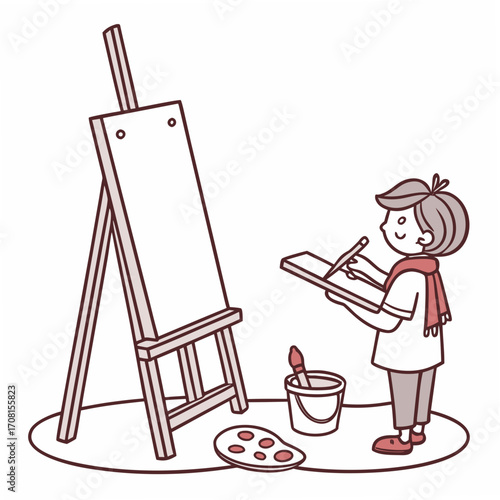Young artist drawing on a sketchbook with easel