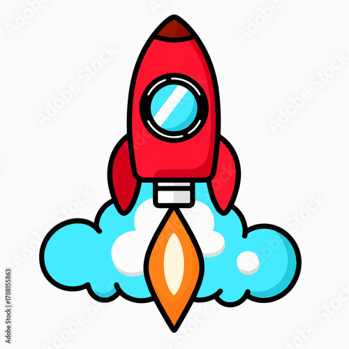 Cartoon rocket ship icon, bright red and blue colors, smoke trail, outlined in black, simple shapes, flat design clean outline, white background,