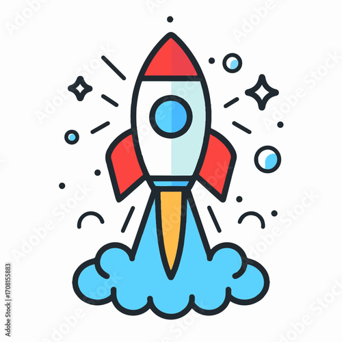 Cartoon rocket ship icon, bright red and blue colors, smoke trail, outlined in black, simple shapes, flat design clean outline, white background,