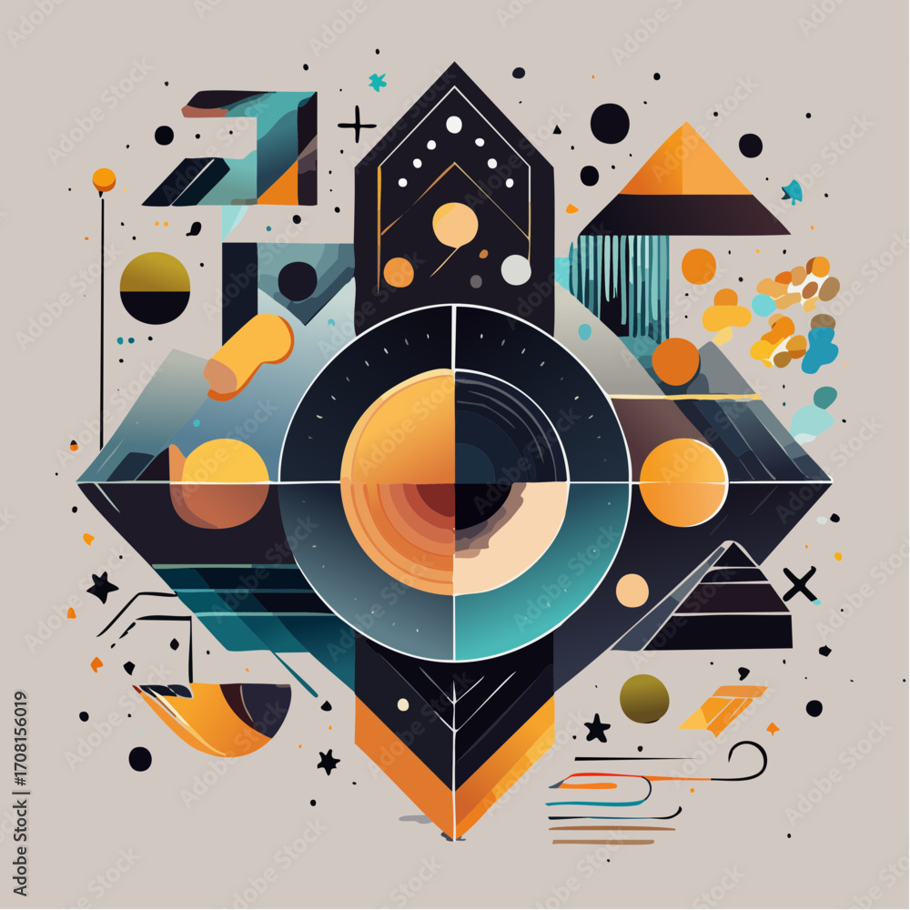 Obraz premium Abstract Geometric Composition with Teal Orange and Black