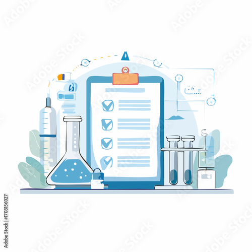 Medical Research Checklist: Clipboard with Checkboxes, Erlenmeyer Flask, Test Tubes, and Syringe