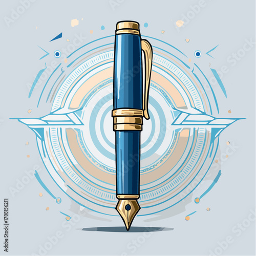 Blue And Gold Fountain Pen with Abstract Circular Design