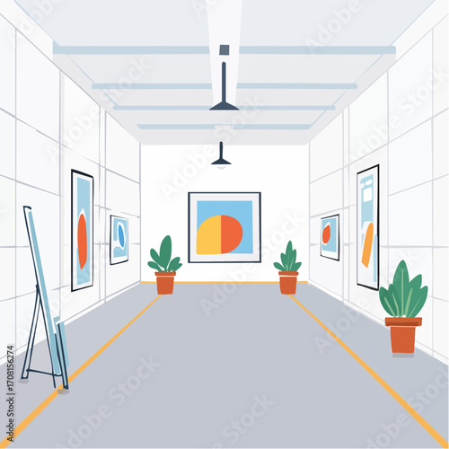 Modern Art Gallery Interior with Abstract Paintings and Plants