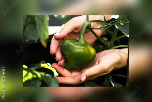 Organic Green Pepper in Hands on Garden Bed, Eco Farm Harvest
