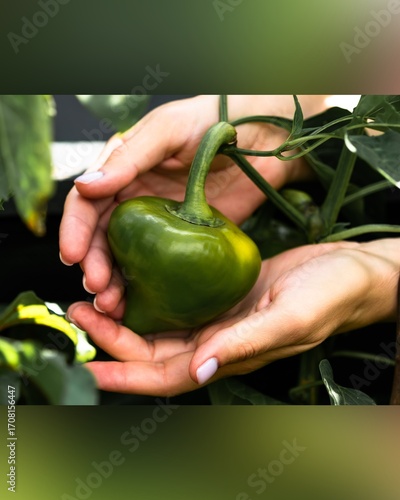 Organic Green Pepper in Hands on Garden Bed, Eco Farm Harvest