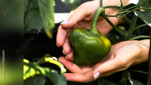 Organic Green Pepper in Hands on Garden Bed, Eco Farm Harvest