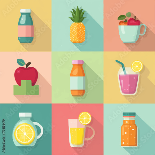 Vibrant flat vector icons set of healthy food and drink, juice bottles with fruits, apple in a box, pineapple, pink cup 