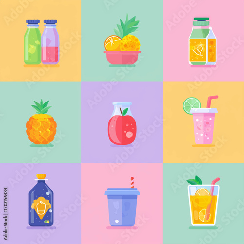 Vibrant flat vector icons set of healthy food and drink, juice bottles with fruits, apple in a box, pineapple, pink cup 