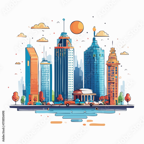 Vibrant Cityscape Illustration with Modern Architecture and Sunset