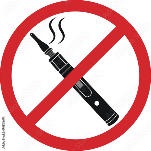 Prohibition symbol showing electronic cigarettes and vape devices with smoke in red no smoking circle