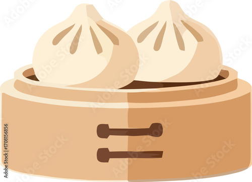 An iconic vector illustration of two traditional Chinese steamed bao dumplings presented in a classic bamboo steamer basket for a dim sum meal