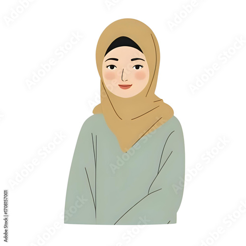 A stylized illustration of a woman wearing a light beige hijab and a muted green top.