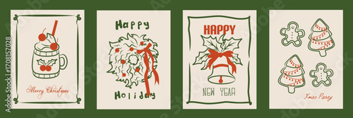 Hand drawn la dolce vita Christmas doodles. Vector illustration cards icon with bows, drink and wreath. Minimalist winter line art for invitations, stationery, printables, social media, wall art.