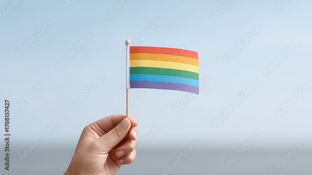 Fototapeta premium LGBTQ story A hand holds a rainbow flag against a blue sky, symbolizing pride and inclusivity.