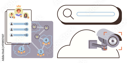 User ranking list with avatars, search bar with magnifying glass, connected cloud security camera. Ideal for cybersecurity, privacy, networking, data analysis, surveillance, ranking system online
