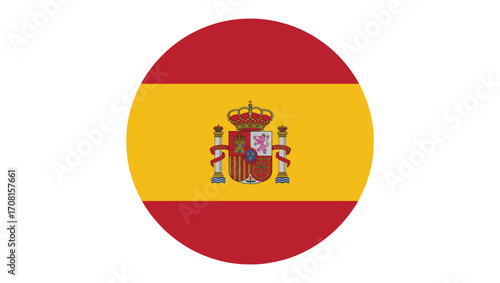 Spanish flag circular icon in a red and yellow striped design featuring the coat of arms of Spain in the center