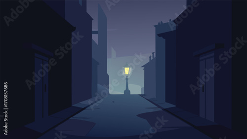 Mysterious atmospheric alley with drifting mist and a solitary glowing lamp post illustration