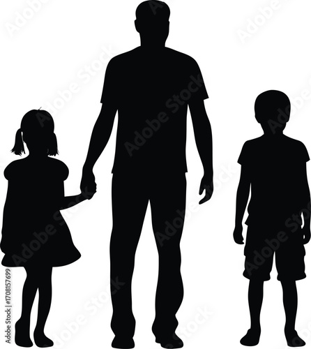 Happy Family Silhouette Holding Hands Vector Illustration,Black silhouettes of families in walk, Family silhouettes,holding hands,Silhouettes of diverse families,father children vector silhouette,Ai