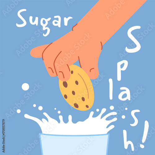 Cookies biscuit and fresh milk, hand dipping cookie choco chips to milk in glass. Vector illustration