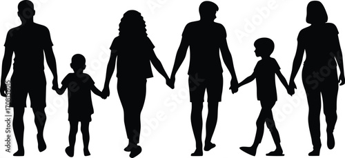 Happy Family Silhouette Holding Hands Vector Illustration,Black silhouettes of families in walk, Family silhouettes,holding hands,Silhouettes of diverse families,father children vector silhouette,Ai