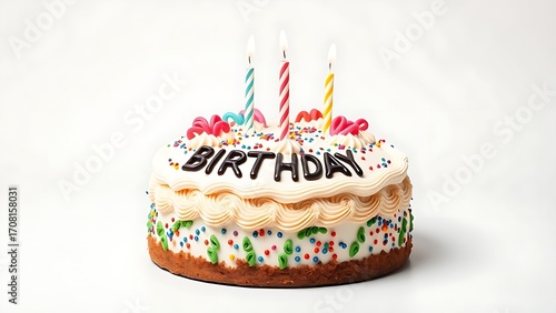 Festive birthday cake with decorative icing showcased in a clean, professional studio setup.