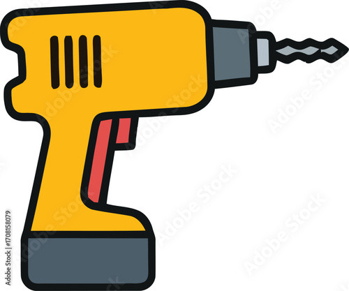 Vibrant yellow cordless power drill illustration, a versatile tool for construction, carpentry, and home improvement projects