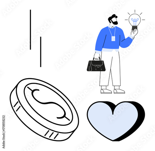 Professional man with lightbulb, coin, and heart emphasizes creativity, finance, and passion. Ideal for innovation, entrepreneurship, personal growth, motivation consulting economics leadership