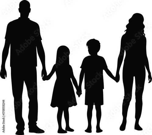 Happy Family Silhouette Holding Hands Vector Illustration,Black silhouettes of families in walk, Family silhouettes,holding hands,Silhouettes of diverse families,father children vector silhouette,Ai