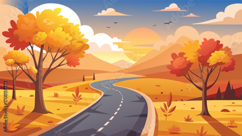 Autumn Road: Falling Leaves and Serene Landscape