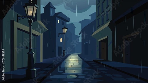 Atmospheric old european city alleyway illuminated by street lamp vector illustration